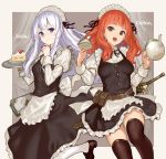  2girls alternate_costume belt belt_pouch book cake celica_(fire_emblem) character_name circlet closed_mouth cup fire_emblem fire_emblem:_seisen_no_keifu fire_emblem_echoes:_mou_hitori_no_eiyuuou fire_emblem_gaiden fire_emblem_heroes food hiyashiru holding holding_plate holding_teapot intelligent_systems long_hair long_sleeves maid maid_headdress moe multiple_girls nintendo open_mouth plate pouch purple_hair red_eyes redhead scabbard sheath sheathed slice_of_cake smile super_smash_bros. sword teacup teapot thigh-highs violet_eyes weapon white_legwear yuria_(fire_emblem) 