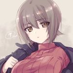  1girl ? artist_name bangs black_jacket brown_eyes brown_hair casual commentary eyebrows_visible_through_hair girls_und_panzer head_tilt highres jacket jacket_pull kuroi_mimei light_blush long_sleeves looking_at_viewer motion_lines nishizumi_maho parted_lips portrait pulled_by_self red_shirt ribbed_shirt shirt short_hair signature solo spoken_question_mark 