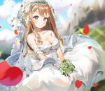  1girl absurdres bangs bare_arms bare_shoulders blue_eyes blurry blurry_background blush breasts bridal_veil bride cleavage commentary_request dress eyebrows_visible_through_hair flower girls_frontline hair_between_eyes hair_ornament hairband highres holding holding_flower kian large_breasts leaf long_hair looking_at_viewer navel smile snowflakes solo suomi_kp31_(girls_frontline) torn_clothes veil wedding_dress 