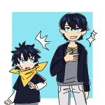  2boys atlus bandanna black_hair blue_eyes cardigan child commentary dual_persona english_commentary fang gijinka looking_at_another male_focus megami_tensei morgana_(persona_5) multiple_boys pants persona persona_5 persona_5_the_royal personification soap-on-a-stick sparkle surprised white_pants yellow_bandana 