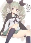  1girl anchovy black_legwear brown_eyes cape drill_hair eyebrows_visible_through_hair getsumen_suibaku_ver._a(c) girls_und_panzer green_hair hair_ribbon heart highres long_hair looking_at_viewer ooarai_school_uniform open_mouth ribbon school_uniform sitting smile twin_drills twitter_username 