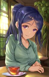  1girl blue_hair collared_shirt cup dress_shirt green_shirt high_ponytail indoors jewelry long_hair long_sleeves looking_at_viewer love_live! love_live!_sunshine!! matsuura_kanan necklace parted_lips shiny shiny_hair shirt sidelocks sitting smile solo sunlight tamamushi tea teacup upper_body violet_eyes wing_collar 