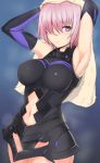  1girl armor armored_dress armpits arms_up bare_shoulders black_dress blush breasts closed_mouth cowboy_shot dress fate/grand_order fate_(series) hair_over_one_eye lavender_eyebrows lavender_hair looking_at_viewer mash_kyrielight medium_breasts navel nigane shielder_(fate/grand_order) short_hair solo stomach sweat towel type-moon violet_eyes wet 