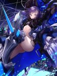  1girl armor armored_boots arms_up ass bangs blue_eyes blue_ribbon blush boots breasts crotch_plate eyebrows_visible_through_hair fate/grand_order fate_(series) floating_hair glint hair_ribbon highres kim_eb knee_up long_hair long_sleeves looking_at_viewer meltryllis purple_hair revealing_clothes ribbon sleeves_past_wrists smile solo stomach thigh-highs very_long_hair 