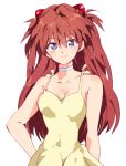  1girl blue_eyes breasts brown_hair chokota cleavage closed_mouth commentary_request dress hair_ornament long_hair looking_at_viewer neon_genesis_evangelion simple_background smile solo souryuu_asuka_langley white_background 