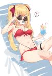  ! 1girl absurdres barefoot bikini blonde_hair breasts cleavage cup drinking_glass drinking_straw eyebrows_visible_through_hair food fruit highres long_hair looking_at_viewer lying medium_breasts on_back open_mouth orange orange_slice original red_bikini simple_background sitting solo spoken_exclamation_mark suisogenshi sunglasses swimsuit twintails very_long_hair violet_eyes white_background 