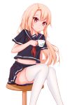  1girl absurdres ass black_shirt black_skirt blonde_hair blush chair commentary_request cup emiya-san_chi_no_kyou_no_gohan fate/kaleid_liner_prisma_illya fate/stay_night fate_(series) feet_out_of_frame flat_chest highres holding holding_cup illyasviel_von_einzbern long_hair looking_at_viewer navel panties red_eyes school_uniform shirt simple_background sitting skirt smile solo thigh-highs tming type-moon underwear white_background white_legwear white_panties 