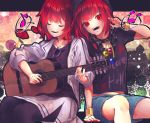  2girls :d acoustic_guitar arm_support arm_up bangs beamed_eighth_notes black_choker black_legwear black_shirt bracelet chains choker closed_eyes clothes_writing collarbone commentary_request denim denim_shorts eighth_note eyebrows_visible_through_hair feet_out_of_frame guitar headphones headphones_around_neck heart hecatia_lapislazuli highres holding holding_instrument horikawa_raiko instrument jacket jewelry letterboxed long_sleeves midriff_peek multiple_girls musical_note nail_polish open_clothes open_jacket open_mouth outside_border pantyhose polos_crown purple-framed_eyewear red_eyes red_nails redhead shirt shometsu-kei_no_teruru short_hair short_sleeves shorts side_slit sitting skirt smile sunglasses t-shirt touhou white_jacket white_skirt 