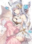  1girl animal_ears ayuanlv bare_shoulders blue_eyes blue_flower blue_rose breasts closed_mouth dated dress elbow_gloves erune feathers flower gloves granblue_fantasy hair_ornament head_tilt highres jewelry korwa long_hair looking_at_viewer mannequin medium_breasts mouth_hold necklace pearl_necklace pink_dress rose see-through signature silver_hair sitting sleeveless sleeveless_dress smile solo strapless strapless_dress thigh-highs thread very_long_hair white_dress white_feathers white_gloves white_legwear 