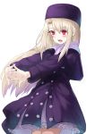  1girl blush cowboy_shot cute dress eyebrows_visible_through_hair fang fate/kaleid_liner_prisma_illya fate/stay_night fate_(series) floating_hair hair_between_eyes hat highres illyasviel_von_einzbern loli long_hair long_sleeves looking_at_viewer open_mouth purple_coat purple_headwear red_eyes short_dress silver_hair simple_background solo standing torieto type-moon very_long_hair white_background 