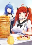  2girls ahoge azur_lane bangs bare_shoulders black_ribbon blue_hair blueberry blush breasts choker commentary_request dress eyebrows_visible_through_hair food fork fruit gloves hair_ribbon helena_(azur_lane) highres holding holding_fork holding_knife honolulu_(azur_lane) irohasu knife large_breasts long_hair multiple_girls open_mouth pancake plate red_eyes redhead ribbon sailor_collar short_sleeves sitting stack_of_pancakes strawberry surprised table twintails violet_eyes whipped_cream 