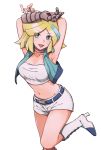  1girl :d blonde_hair blue_eye_(pokemon) blue_eyes boots breasts creatures_(company) feet_out_of_frame game_freak iruzu_(pixiv27236115) looking_at_viewer medium_breasts medium_hair multicolored_hair nintendo open_mouth pokemon pokemon_pinchers pokemon_ranger pose short_shorts shorts simple_background smile solo standing standing_on_one_leg two-tone_hair white_background white_footwear white_shorts white_theme 