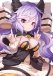  1girl :p bangs black_wings blush bow breasts brown_background brown_eyes cleavage closed_mouth commentary_request dress eyebrows_visible_through_hair feathered_wings fingernails granblue_fantasy hair_between_eyes hair_bow head_wings highres index_finger_raised large_breasts long_hair looking_at_viewer purple_hair rai_(sakuranbo_sugar) satyr_(granblue_fantasy) shadow smile solo star strapless strapless_dress striped striped_bow tongue tongue_out twintails two-tone_background very_long_hair white_background white_bow white_dress wings 