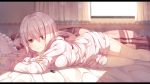  1girl blush highres looking_at_viewer lying nijisanji on_bed on_stomach pajamas pink_hair shiina_yuika smile solo yuuri_nayuta 
