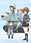  4girls aki_(girls_und_panzer) ankle_boots bangs black_footwear black_legwear black_skirt blue_background blue_footwear blue_headwear blue_jacket blue_pants blue_shirt blue_skirt boots brown_eyes brown_hair china_dress chinese_clothes circle_name closed_mouth commentary_request copyright_name cover cover_page doujin_cover dress dress_shirt english_text eyebrows_visible_through_hair from_behind from_side girls_und_panzer green_eyes grey_legwear grey_shirt grey_skirt hair_tie hand_on_hip holding holding_instrument instrument jacket keizoku_military_uniform keizoku_school_uniform kneehighs kuroi_mimei kuromorimine_school_uniform leg_hug light_blush light_brown_hair light_frown loafers long_hair long_sleeves looking_at_another looking_at_viewer looking_back mika_(girls_und_panzer) mikko_(girls_und_panzer) military military_uniform miniskirt multiple_girls music nishizumi_maho open_mouth outline pants pants_rolled_up pants_under_skirt playing_instrument pleated_skirt raglan_sleeves red_eyes redhead school_uniform shirt shoes short_hair short_twintails sitting skirt smile socks standing straddling striped striped_shirt track_jacket track_pants translated twintails uniform vertical-striped_shirt vertical_stripes white_outline 
