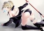  1girl all_fours apron artoria_pendragon_(all) artoria_pendragon_(swimsuit_rider_alter) ass bangs bikini black_bikini black_footwear black_legwear blonde_hair blush braid breasts detached_collar eyebrows_visible_through_hair fate/grand_order fate_(series) food frills high_heels jacket looking_at_viewer maid maid_bikini maid_headdress mary_janes medium_breasts mouth_hold neko-san_(dim.dream) open_clothes popsicle ribbon saber_alter shoes shoulder_blades solo swimsuit thigh-highs tsurime v-shaped_eyebrows wet yellow_eyes 