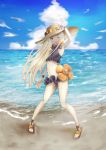  1girl ;d abigail_williams_(fate/grand_order) arm_up armpits beach bikini blonde_hair blue_eyes blue_sky bow breasts clouds day fate/grand_order fate_(series) full_body grey_bikini hat hat_bow long_hair looking_at_viewer maya_komaki navel ocean one_eye_closed open_mouth outdoors purple_bow sky small_breasts smile solo standing sun_hat swimsuit very_long_hair wristband yellow_bow yellow_headwear 