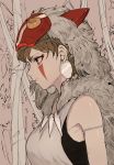  1girl bare_shoulders breasts brown_eyes brown_hair earrings facial_mark forest fur_trim highres hiranko jewelry mask mask_on_head mononoke_hime nature san solo 