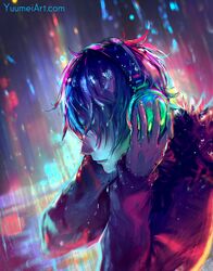  1boy bangs city_lights commentary english_commentary fisheye_placebo frey_(fisheye_placebo) fur_collar hands_on_headwear headphones highres hood hood_down night profile rain short_hair silver_hair solo upper_body wenqing_yan 