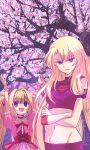  2girls :d arms_up blonde_hair blue_eyes bow breasts breasts_apart cherry_blossoms choker collarbone corset crop_top crossed_arms day densetsu_no_yuusha_no_densetsu dress eyebrows_visible_through_hair ferris_eris floating_hair frilled_sleeves frills hair_bow hair_intakes highres iris_eris jamu_(runtatta) long_hair looking_at_viewer looking_up midriff multiple_girls navel open_mouth outdoors pink_dress red_bow shiny shiny_hair short_sleeves siblings sisters sleeveless small_breasts smile stomach twintails very_long_hair wrist_cuffs 
