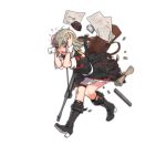  1girl aura bag blue_eyes boots cartridge_case damaged dark_aura eyebrows_visible_through_hair file flat_chest girls_frontline grey_hair gun hat holding_head magazine_(weapon) military military_hat military_uniform mp40_(girls_frontline) mp41 mp41_(girls_frontline) official_art photo_(object) scared scroll solo submachine_gun torn_clothes ump45_(girls_frontline) uniform weapon wehrmacht wrist_cuffs 