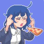  1girl ahoge blue_background blue_hair closed_eyes collared_shirt commentary concentrating english_commentary floating food furrowed_eyebrows hcnone jacket levitation mundane_utility open_mouth original pixel_art pizza shirt short_hair simple_background slice_of_pizza solo telekinesis upper_body 