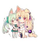  2girls animal_ear_fluff animal_ears art556_(girls_frontline) bangs bare_shoulders barefoot black_gloves black_legwear blonde_hair blue_eyes blush bow brown_eyes cat_ears chibi closed_mouth collarbone commentary_request eyebrows_visible_through_hair foreign_blue g41_(girls_frontline) girls_frontline gloves green_bow green_hair green_skirt hair_between_eyes hair_bow hair_ornament hand_holding heterochromia interlocked_fingers korean_commentary long_hair miniskirt multiple_girls name_tag no_shoes old_school_swimsuit one-piece_swimsuit parted_lips plaid plaid_bow plaid_skirt pleated_skirt red_eyes school_swimsuit simple_background skirt standing swimsuit tears thigh-highs toeless_legwear trembling twintails very_long_hair wavy_mouth white_background white_bow white_gloves white_legwear white_school_swimsuit white_swimsuit 