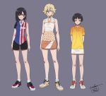  3girls anime_coloring arms_behind_back artist_name asymmetrical_bangs asymmetrical_hair bangs bare_legs black_hair blonde_hair breasts character_request checkered collared_shirt cross-laced_footwear danish_flag dated expressionless flat_chest full_body green_eyes grey_background grey_eyes hair_between_eyes hanebado! high_collar looking_at_viewer mashiko_rui medium_breasts miniskirt multiple_girls orange_shirt purple_footwear red_eyes red_footwear shirt shiwahime_yuika shoes short_hair short_shorts short_sleeves shorts signature simple_background single_sleeve skirt sleeveless smile sneakers standing werkbau yellow_footwear 