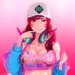  1girl alternate_eye_color animal_print artist_name bangs baseball_cap blizzard_(company) blue_eyes blue_jacket breasts brown_hair bunny_print character_name cleavage clenched_hand clothes_writing collarbone commentary_request crop_top cute d.va_(overwatch) dojin facepaint facial_mark finger_to_mouth glowing gradient gradient_background hair_down hat headphones headphones_around_neck highres jacket jacket_removed large_breasts light_particles light_smile logo_print long_hair long_sleeves looking_at_viewer name_print off_shoulder overwatch pink_background pink_shirt shirt shooting_star_d.va signature solo swept_bangs tank_top upper_body whisker_markings 