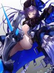  1girl armor armored_boots arms_up ass bangs blue_eyes blue_ribbon blush boots breasts crotch_plate eyebrows_visible_through_hair fate/grand_order fate_(series) floating_hair glint hair_ribbon highres kim_eb knee_up long_hair long_sleeves looking_at_viewer meltryllis purple_hair revealing_clothes ribbon sleeves_past_wrists smile solo stomach thigh-highs very_long_hair 