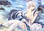  1girl apron azur_lane bangs beach belfast_(azur_lane) blue_eyes braid breasts bubble chain_necklace cleavage collar collarbone corset eyebrows_visible_through_hair french_braid frilled_apron frilled_gloves frills gauntlets gloves hair_between_eyes large_breasts long_hair looking_at_viewer machinery maid maid_apron maid_headdress ocean open_mouth side_braid sitting smoke solo stone thigh-highs torn_clothes torn_legwear turret waist_apron white_apron white_hair white_legwear yano_mitsuki 