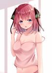  1girl bare_arms bare_shoulders black_ribbon blush breasts camisole cleavage collarbone commentary_request fingernails go-toubun_no_hanayome hair_ribbon hair_tousle hand_up looking_at_viewer nakano_nino navel parted_lips pink_camisole redhead ribbon sakura_hiyori small_breasts solo strap_slip two_side_up 