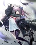  aizawa_masaya ar-15 bangs black_gloves black_legwear blue_eyes blurry commentary depth_of_field dress feathers feet_out_of_frame fingerless_gloves girls_frontline gloves gun hair_between_eyes highres holding holding_gun holding_weapon jacket long_hair open_clothes open_jacket pink_hair rifle single_thighhigh sleeveless sleeveless_dress solo st_ar-15_(girls_frontline) thigh-highs weapon white_dress 