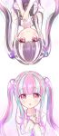  2girls :o absurdres bang_dream! bangs black_hair blue_hair blush commentary_request dual_persona hair_bobbles hair_ornament hands_on_own_chest hands_together heart highres kkuukan long_hair long_sleeves looking_at_viewer multicolored_hair multiple_girls pareo_(bang_dream!) pink_hair red_eyes short_sleeves sidelocks smile twintails two-tone_hair upper_body upside-down white_hair 