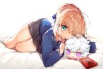  1girl aqua_eyes artoria_pendragon_(all) bangs bed_sheet black_skirt blonde_hair blue_ribbon blue_shirt braided_bun character_doll character_request cute doll eyebrows_visible_through_hair fate/stay_night fate_(series) hair_ribbon kamiowl long_sleeves looking_at_viewer lying miniskirt on_bed on_side one_eye_closed pleated_skirt pocky ribbon saber school_uniform shirt short_hair simple_background skirt solo type-moon white_background white_legwear 