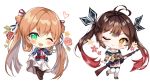  2girls ;) ;d antenna_hair bangs battle_rifle black_ribbon blue_jacket blue_skirt blush boots bow brown_eyes brown_footwear brown_hair brown_jacket brown_legwear chibi closed_mouth cross-laced_footwear cup dress eyebrows_visible_through_hair flower girls_frontline gloves gradient_hair gun hair_between_eyes hair_bow hair_ribbon hair_rings head_tilt heart holding holding_cup holding_gun holding_weapon jacket lace-up_boots loafers long_hair long_sleeves m14 m14_(girls_frontline) m1903_springfield_(girls_frontline) multicolored_hair multiple_girls narae object_namesake off_shoulder one_eye_closed open_mouth pink_flower pink_rose pleated_skirt red_flower red_rose redhead ribbon rifle rose shirt shoes simple_background skirt smile standing standing_on_one_leg striped striped_bow teacup thigh-highs thigh_boots twintails very_long_hair weapon white_background white_dress white_gloves white_legwear white_shirt 