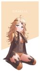  1girl absurdres ahoge awan97 blonde_hair blue_eyes blush breasts cape center_opening character_name closed_mouth covered_navel fire_emblem fire_emblem_if full_body hands_on_own_face highres long_hair nintendo ophelia_(fire_emblem_if) simple_background sitting smile solo 