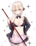  1girl apron artoria_pendragon_(all) artoria_pendragon_(swimsuit_rider_alter) bangs bare_shoulders bikini_top black_bikini_top black_bow black_jacket black_skirt bow breasts closed_mouth collarbone cowboy_shot eyebrows_visible_through_hair fate/grand_order fate_(series) fingernails frilled_apron frilled_bikini_top frilled_skirt frills groin hair_between_eyes hair_bow hand_on_hip highres jacket light_brown_hair maid_bikini maid_day maid_headdress medium_breasts navel off_shoulder open_clothes open_jacket short_hair sidelocks simple_background skirt sofra solo sparkle waist_apron white_apron white_background yellow_eyes 