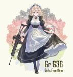  1girl absurdres apron assault_rifle bangs black_footwear blonde_hair blue_eyes blush boots braid breasts character_name closed_mouth corset curtsey dress eyebrows_visible_through_hair frills full_body g36_(girls_frontline) girls_frontline gradient_hair gun h&amp;k_g36 hair_between_eyes heckler_&amp;_koch high_heel_boots high_heels highres holding holding_gun holding_weapon long_hair looking_at_viewer maid maid_apron maid_headdress medium_breasts multicolored_hair pottsness rifle sidelocks single_braid skirt_hold smile solo trigger_discipline very_long_hair weapon white_hair 