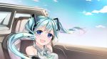  1girl :d bare_shoulders blue_eyes blue_hair blue_sky blush breasts car car_interior clouds cloudy_sky commentary_request day detached_sleeves eyebrows_visible_through_hair floating_hair grey_shirt ground_vehicle happy hatsune_miku highres long_hair looking_at_viewer medium_breasts motor_vehicle open_mouth outdoors shirt sitting sky sleeveless sleeveless_shirt smile solo twintails upper_body very_long_hair vocaloid yuunagi_show 