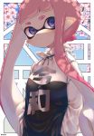  1girl artist_name bangs black_shirt blue_sky blunt_bangs cherry_blossoms closed_mouth clothes_writing commentary_request dappled_sunlight expressionless head_tilt highres inkling kashu_(hizake) long_hair looking_at_viewer monster_girl pink_hair pointy_ears shirt short_eyebrows sidelocks sky solo splatoon_(series) standing sunlight tentacle_hair translated violet_eyes white_shirt 