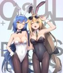  2girls animal_ears aqua_background aviator_sunglasses between_breasts black_legwear black_leotard black_neckwear blonde_hair blue_hair bow bowtie breasts brown_eyes bunny_girl bunnysuit cleavage commentary_request cowboy_shot dated detached_collar eyewear_on_head girls_frontline gluteal_fold green_eyes large_breasts leotard long_hair looking_at_viewer m1918_bar_(girls_frontline) multiple_girls necktie one_eye_closed pantyhose rabbit_ears sarasa_(kanbi) signature standing strapless strapless_leotard sunglasses tar-21_(girls_frontline) thigh_gap twitter_username white_leotard wrist_cuffs 