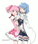  2girls artist_name blue_eyes blue_hair blush cape detached_sleeves frills gloves hair_ribbon hand_holding highres kaname_madoka kawa_(ricopin35) looking_at_viewer magical_girl mahou_shoujo_madoka_magica mahou_shoujo_madoka_magica_movie miki_sayaka multiple_girls neck_ribbon one_eye_closed pink_hair red_eyes red_ribbon ribbon short_hair short_twintails skirt smile thigh-highs twintails twitter_username white_background white_cape white_gloves zettai_ryouiki 