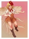  1girl aethos bird bird_tail bird_wings blonde_hair boots breasts brown_footwear chick dress feathered_wings full_body gradient gradient_background hair_between_eyes highres index_finger_raised layered_dress light_smile looking_away multicolored_hair neck_ribbon niwatari_kutaka outstretched_arm puffy_short_sleeves puffy_sleeves red_eyes red_neckwear redhead ribbon short_sleeves simple_background small_breasts solo standing standing_on_one_leg touhou two-tone_dress two-tone_hair wings 
