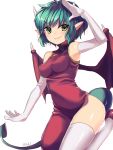  &gt;:) 1girl arm_up bangs bare_shoulders breasts china_dress chinese_clothes closed_mouth draco_centauros dragon_girl dragon_horns dragon_tail dragon_wings dress elbow_gloves eyebrows_visible_through_hair fang fang_out gloves green_eyes green_hair hakusai_ponzu horns looking_at_viewer madou_monogatari medium_breasts pointy_ears puyopuyo red_dress red_footwear red_wings short_hair simple_background sleeveless sleeveless_dress smile solo tail thigh-highs v-shaped_eyebrows white_background white_gloves white_horns white_legwear wings 