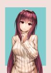  1girl alternate_costume arm_behind_back bangs blush breasts closed_mouth colored_eyelashes commentary_request eyebrows_visible_through_hair fate/grand_order fate_(series) finger_to_cheek head_tilt large_breasts long_hair long_sleeves looking_at_viewer purple_hair red_eyes scathach_(fate)_(all) scathach_(fate/grand_order) shoron solo straight_hair sweater two-tone_background upper_body very_long_hair white_sweater 