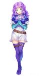  1girl armor blue_eyes blush dress fingerless_gloves fire_emblem fire_emblem:_rekka_no_ken florina full_body gloves green_eyes hair_ornament highres jewelry jurge long_hair looking_at_viewer nintendo pegasus_knight purple_hair simple_background smile solo thigh-highs 