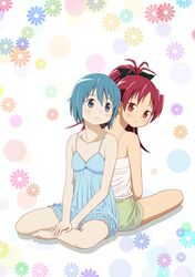  2girls back-to-back barefoot black_bow blue_eyes blue_hair blue_shirt blue_shorts blush bow breasts cap_(dkdm-d) collarbone frilled_shorts frills full_body green_shorts hair_bow high_ponytail long_hair mahou_shoujo_madoka_magica miki_sayaka multiple_girls red_eyes redhead sakura_kyouko shiny shiny_hair shirt short_hair short_shorts shorts sitting sleeveless sleeveless_shirt small_breasts white_background white_shirt 