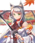  1girl animal_ear_fluff animal_ears aogiri55817yasd autumn_leaves bangs breasts choker commentary_request detached_sleeves expressionless eyebrows_visible_through_hair fox_ears green_eyes hair_ornament highres holding holding_sword holding_weapon japanese_clothes katana kimono leaf leotard long_hair looking_at_viewer maple_leaf medium_breasts miko nontraditional_miko original outdoors parted_lips red_choker shiny shiny_hair silver_hair solo standing swept_bangs sword torii tree_branch upper_body very_long_hair weapon 