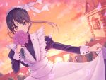  1girl black_eyes black_hair blush breasts closed_mouth eyebrows_visible_through_hair flower holding holding_flower jewelry long_sleeves looking_at_viewer maid maid_dress medium_breasts mole mole_under_eye nagidango necklace original outdoors railing smile solo sunlight sunset 